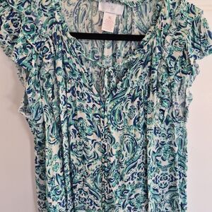 Blue & Green Paisley Tie-Front Ruffle Sleeve Blouse